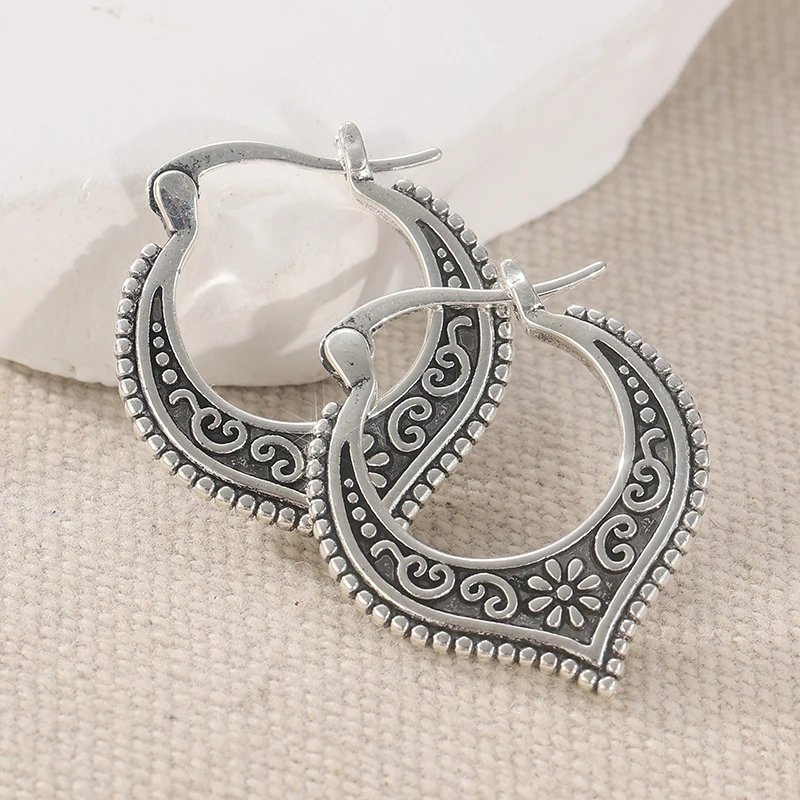 Vintage Ethnic-style Hand Carved Silvery Plated Hoop Earrings for Women's Hollowed Earrings Festival Jewelry Accessories Crafts