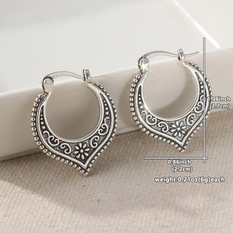Vintage Ethnic-style Hand Carved Silvery Plated Hoop Earrings for Women's Hollowed Earrings Festival Jewelry Accessories Crafts