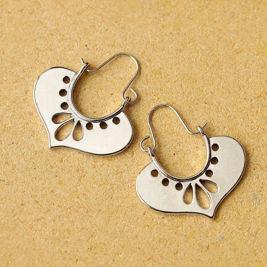 Creative Silvery Heart Design Hoop Earrings Retro Bohemian Style Alloy Jewelry Delicate Gift For Women Girls