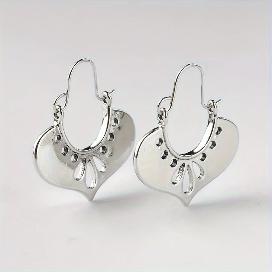 Creative Silvery Heart Design Hoop Earrings Retro Bohemian Style Alloy Jewelry Delicate Gift For Women Girls