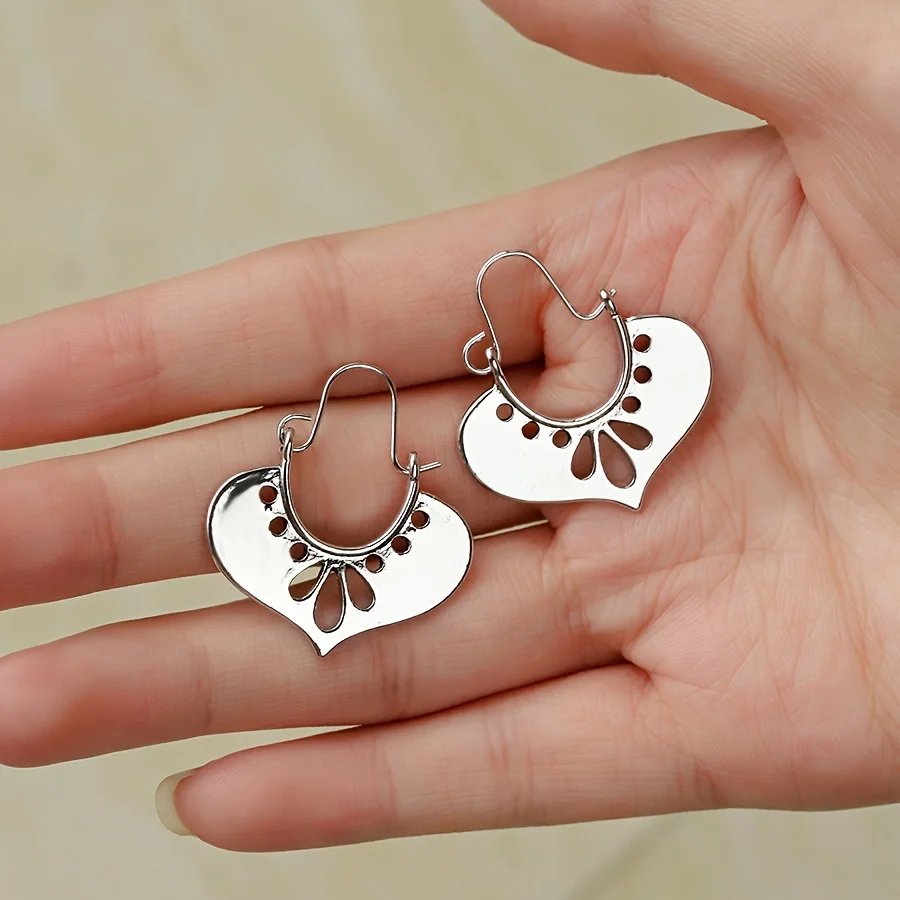 Creative Silvery Heart Design Hoop Earrings Retro Bohemian Style Alloy Jewelry Delicate Gift For Women Girls