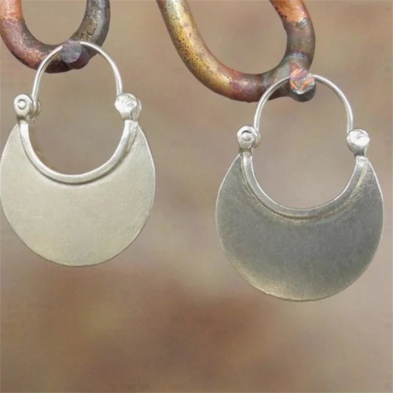 Ethnic Vintage Silver Color Metal Half Round Earrings Hoop Earrings for Women Jewelry