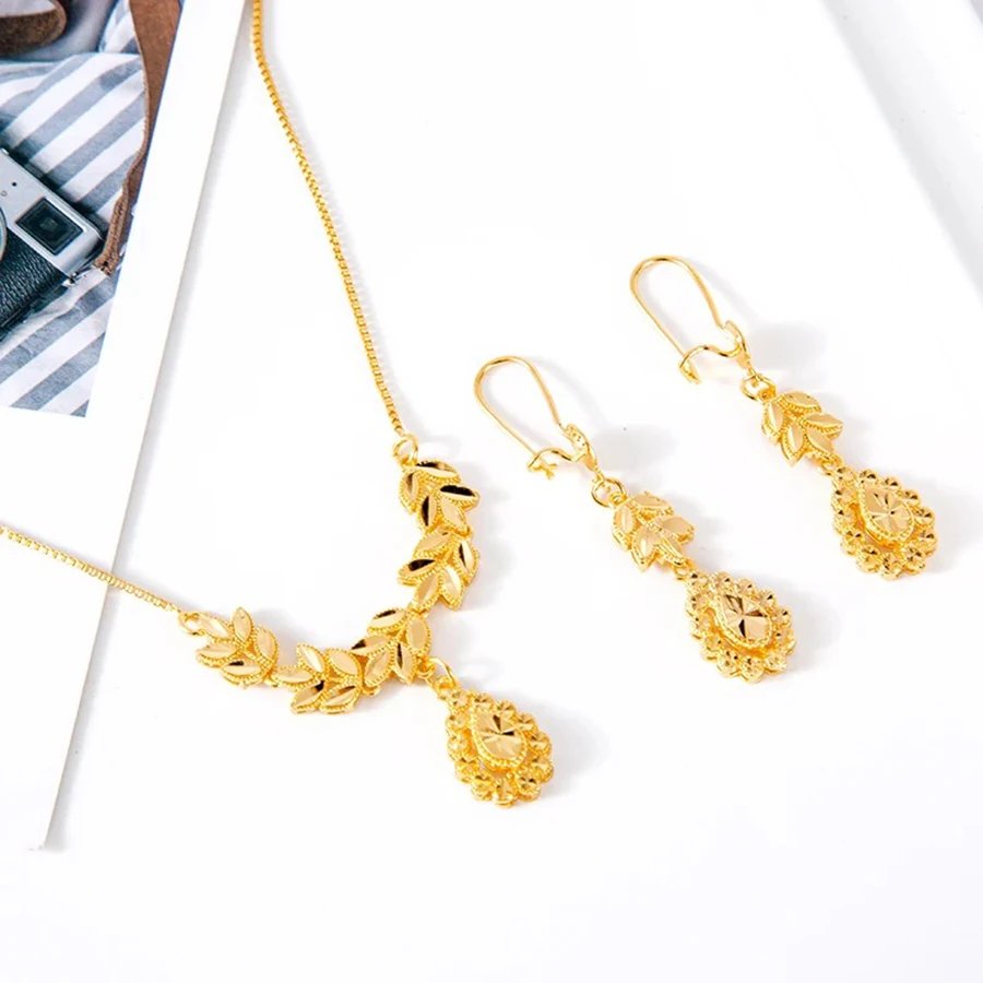 Dubai Ladies 24K Gold Plated Love Ethiopian African Heart Necklace Earring Set Arab Bridal Dowry Jewelry