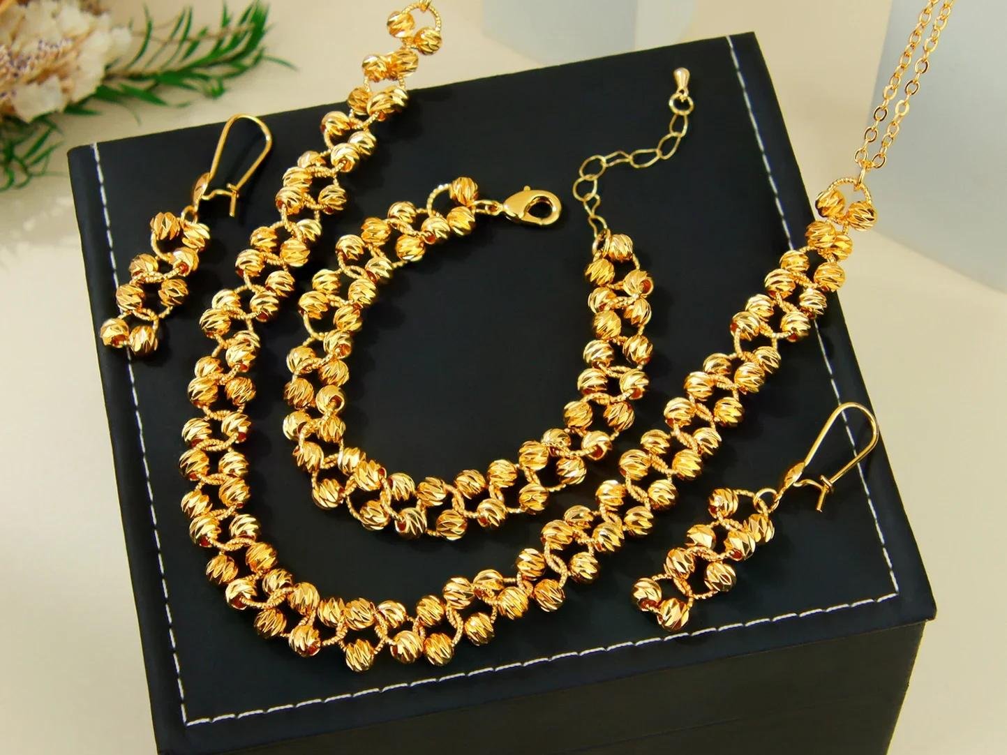 High Quality Dubai Fashion Jewelry Set 21k Gold Plated Nigeria Bridal Wedding Necklace Bracelet Earrings Arabic Exotic jewelry
