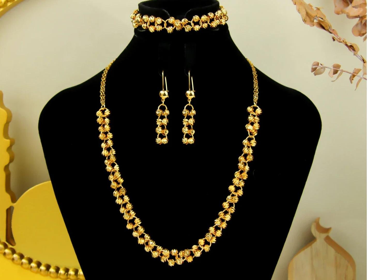 High Quality Dubai Fashion Jewelry Set 21k Gold Plated Nigeria Bridal Wedding Necklace Bracelet Earrings Arabic Exotic jewelry