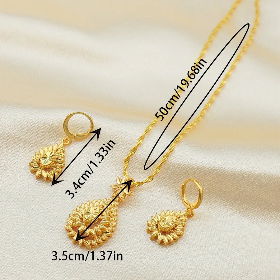 Luxury 18K Gold Plated Sunflower Jewelry Set | Vintage Teardrop Pendant Necklace & Drop Earrings | Dubai Style Bridal Wedding Je Luxury 18K Gold Plated Sunflower Jewelry Set | Vintage Teardrop Pendant Necklace & Drop Earrings | Dubai Style Bridal Wedding Je