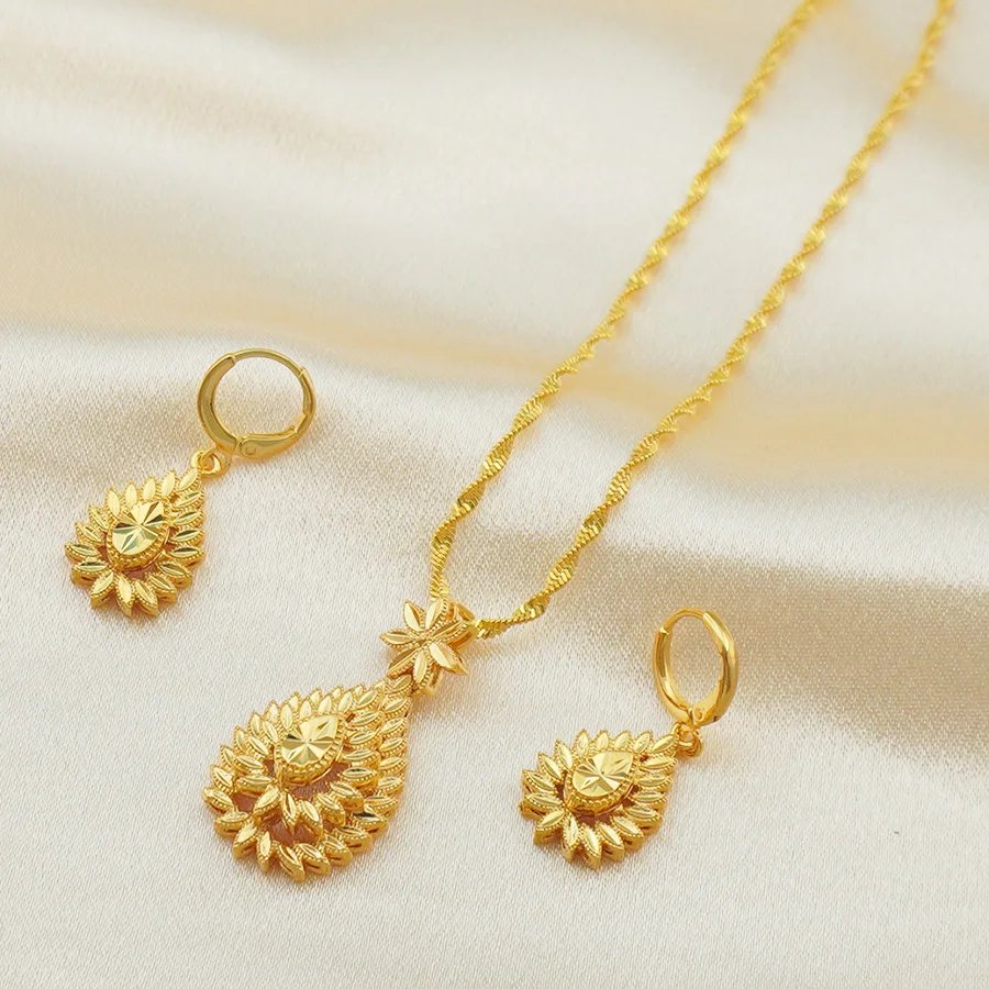 Luxury 18K Gold Plated Sunflower Jewelry Set | Vintage Teardrop Pendant Necklace & Drop Earrings | Dubai Style Bridal Wedding Je Luxury 18K Gold Plated Sunflower Jewelry Set | Vintage Teardrop Pendant Necklace & Drop Earrings | Dubai Style Bridal Wedding Je