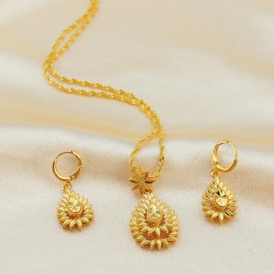Luxury 18K Gold Plated Sunflower Jewelry Set | Vintage Teardrop Pendant Necklace & Drop Earrings | Dubai Style Bridal Wedding Je Luxury 18K Gold Plated Sunflower Jewelry Set | Vintage Teardrop Pendant Necklace & Drop Earrings | Dubai Style Bridal Wedding Je