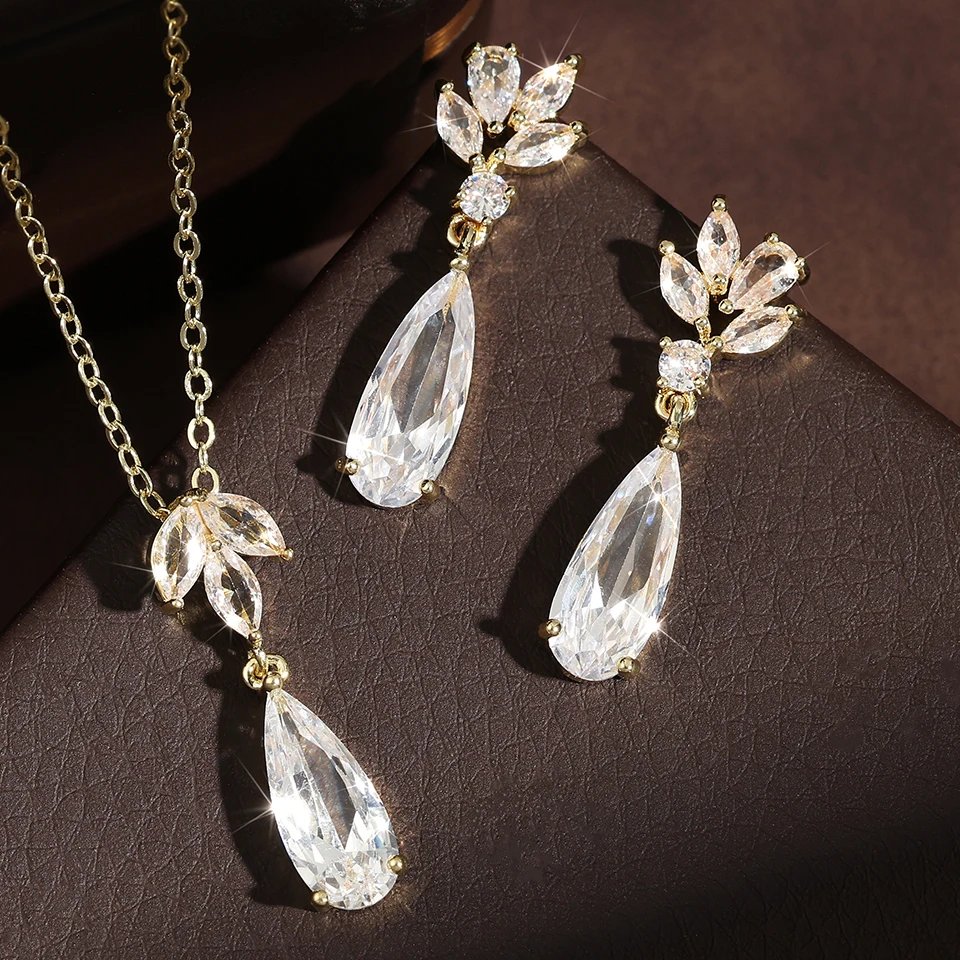 ZAKOL Shiny Water Drop Cubic Zirconia Dangle Necklace Earring for Women Stylish Flower Shape Bridal Set Wedding Jewelry
