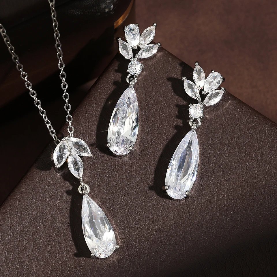 ZAKOL Shiny Water Drop Cubic Zirconia Dangle Necklace Earring for Women Stylish Flower Shape Bridal Set Wedding Jewelry