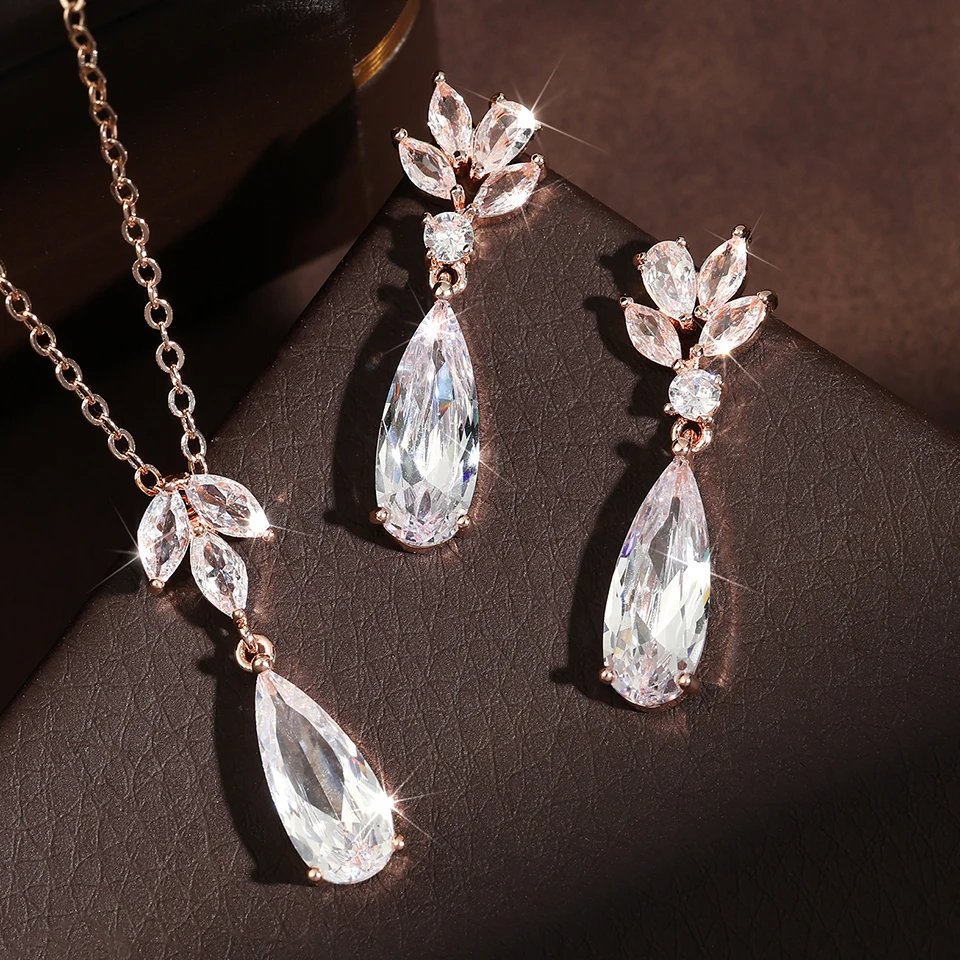 ZAKOL Shiny Water Drop Cubic Zirconia Dangle Necklace Earring for Women Stylish Flower Shape Bridal Set Wedding Jewelry