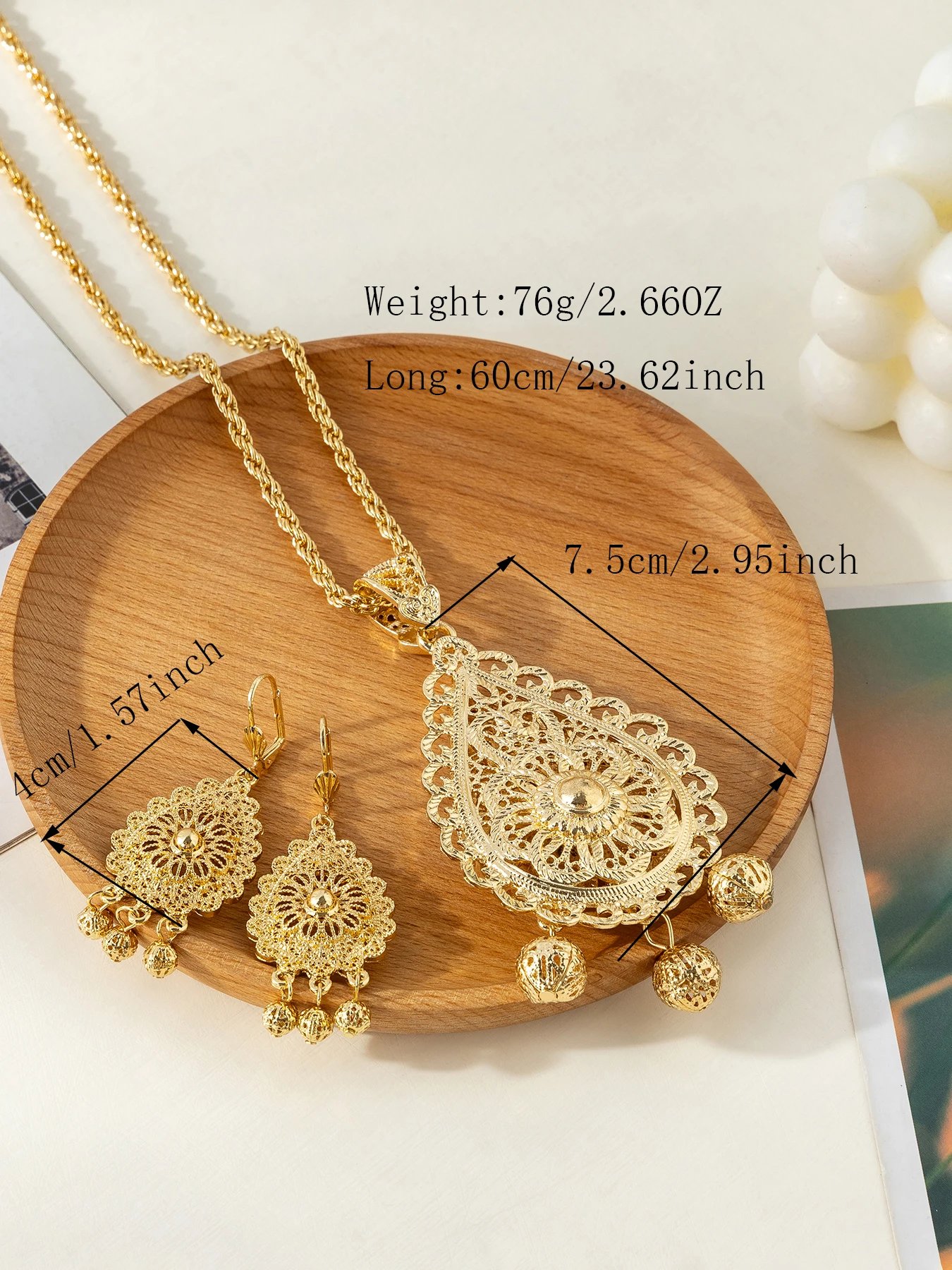 Arabian Bride Jewelry Set - Ethnic Style Hollow Pattern Engraving Double-Layer Teardrop-Shaped Pendant Necklace And Earrings Set