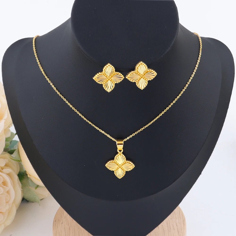 Gold Color Lucky Clover Pendant Necklace Earrings for Women Fine Stainless Steel Jewelry Set for Wedding New Concise Party Gifts Gold Color Lucky Clover Pendant Necklace Earrings for Women Fine Stainless Steel Jewelry Set for Wedding New Concise Party Gifts