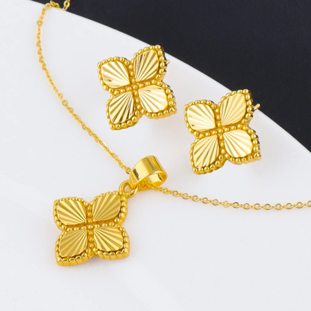 Gold Color Lucky Clover Pendant Necklace Earrings for Women Fine Stainless Steel Jewelry Set for Wedding New Concise Party Gifts Gold Color Lucky Clover Pendant Necklace Earrings for Women Fine Stainless Steel Jewelry Set for Wedding New Concise Party Gifts