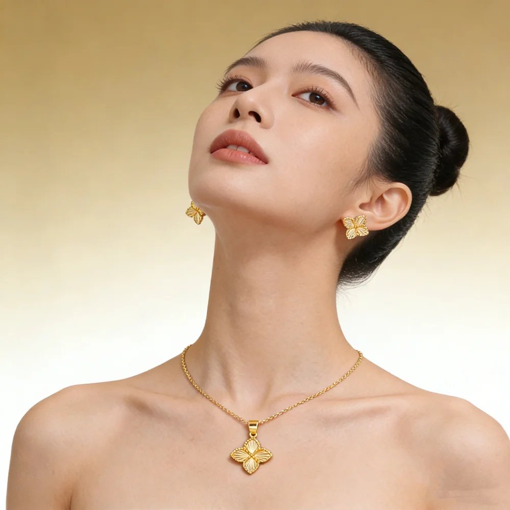 14 k gold layered Clover Pendant Necklace Earrings for Women Fine Alloy Jewelry Set for Wedding Party Gifts - Image 2