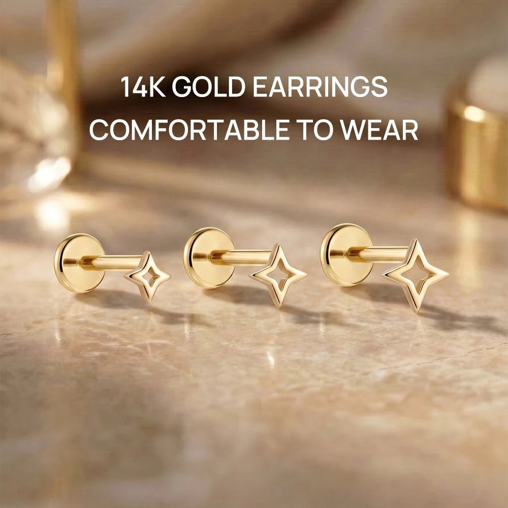 AIDE 14K Gold Stud Earrings for Women 18G Heart/Round/Star Flat Back Earrings Gold for Piercing Cartilage Hoop Earrings Jewelry