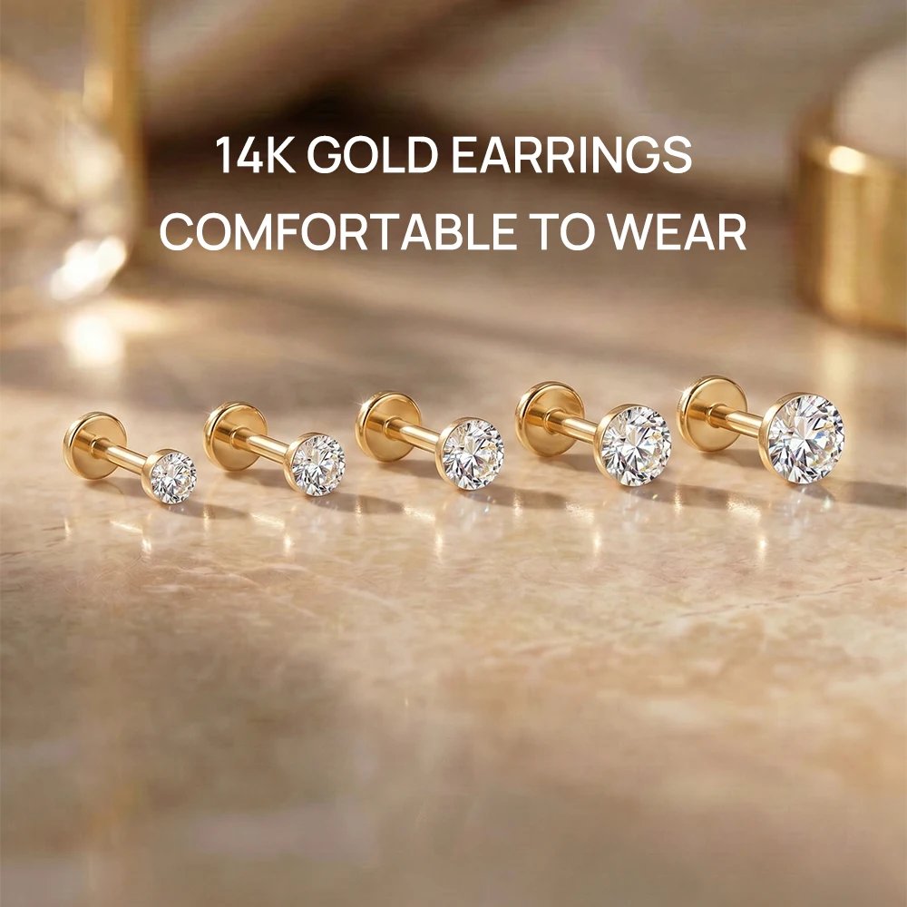 AIDE 14K Gold Stud Earrings for Women 18G Heart/Round/Star Flat Back Earrings Gold for Piercing Cartilage Hoop Earrings Jewelry