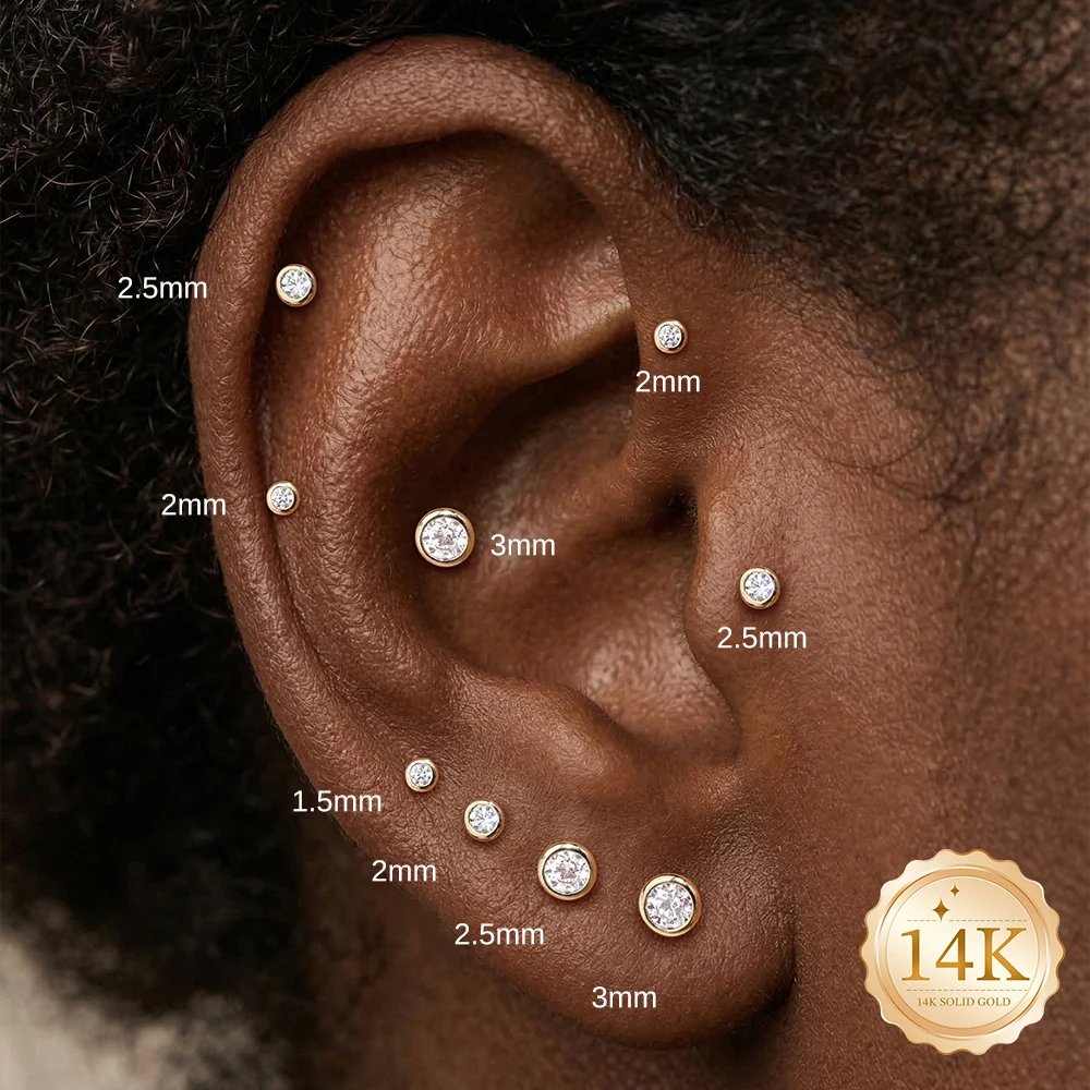 AIDE 14K Gold Stud Earrings for Women 18G Heart/Round/Star Flat Back Earrings Gold for Piercing Cartilage Hoop Earrings Jewelry