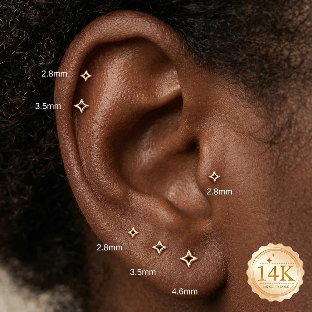 AIDE 14K Gold Stud Earrings for Women 18G Heart/Round/Star Flat Back Earrings Gold for Piercing Cartilage Hoop Earrings Jewelry