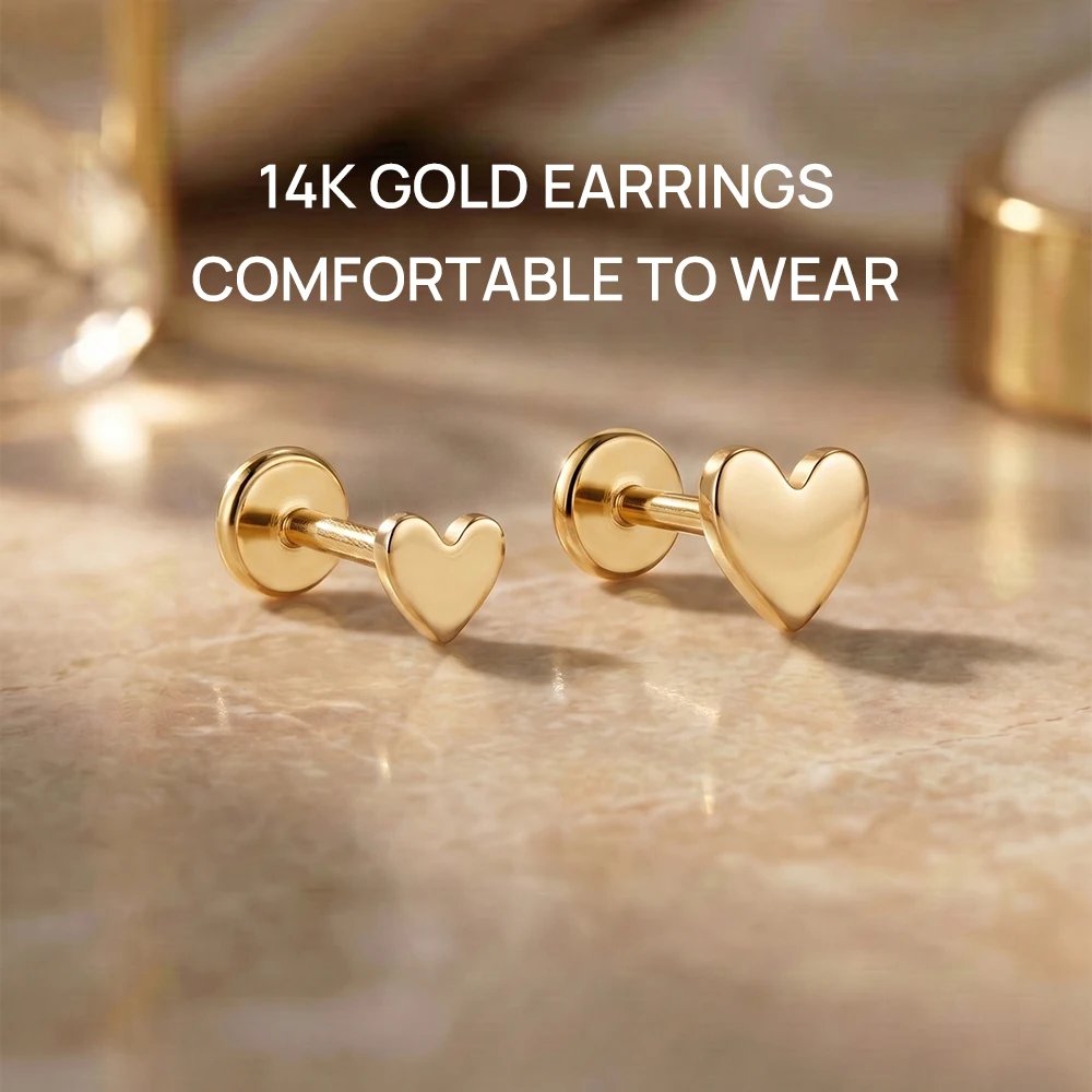 AIDE 14K Gold Stud Earrings for Women 18G Heart/Round/Star Flat Back Earrings Gold for Piercing Cartilage Hoop Earrings Jewelry