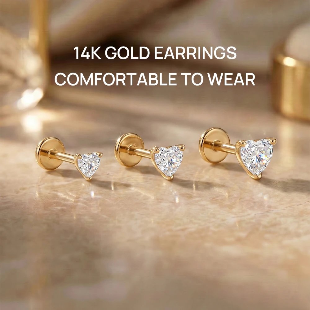 AIDE 14K Gold Stud Earrings for Women 18G Heart/Round/Star Flat Back Earrings Gold for Piercing Cartilage Hoop Earrings Jewelry