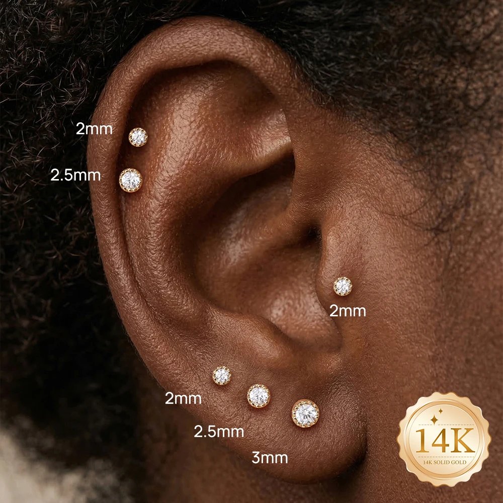 AIDE 14K Gold Stud Earrings for Women 18G Heart/Round/Star Flat Back Earrings Gold for Piercing Cartilage Hoop Earrings Jewelry