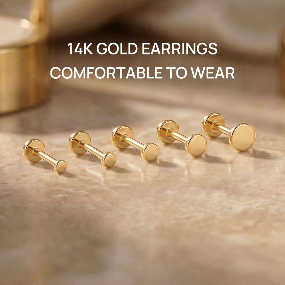 AIDE 14K Gold Stud Earrings for Women 18G Heart/Round/Star Flat Back Earrings Gold for Piercing Cartilage Hoop Earrings Jewelry