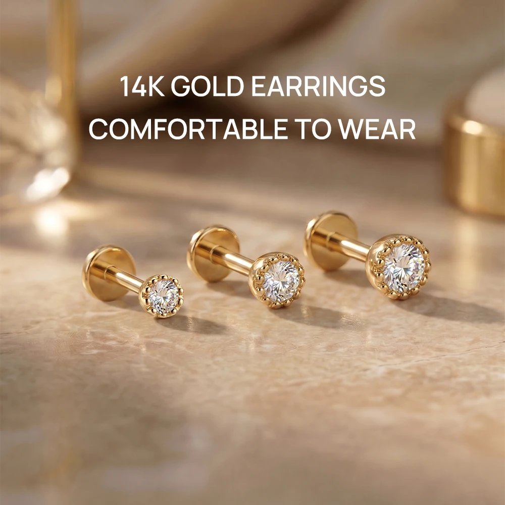 AIDE 14K Gold Stud Earrings for Women 18G Heart/Round/Star Flat Back Earrings Gold for Piercing Cartilage Hoop Earrings Jewelry