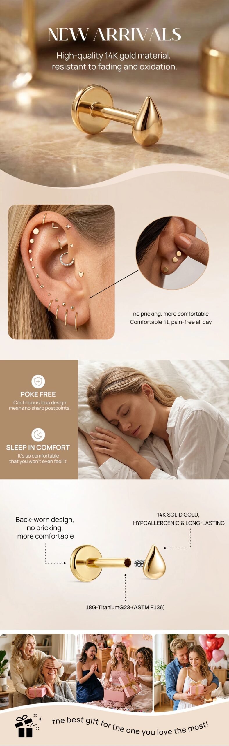 AIDE 14K Solid Gold Glossy Star/WaterDrop Pendant Piercing Earrings For Women Dainty Luxury Ear Bone Earring Anniversary Gifts