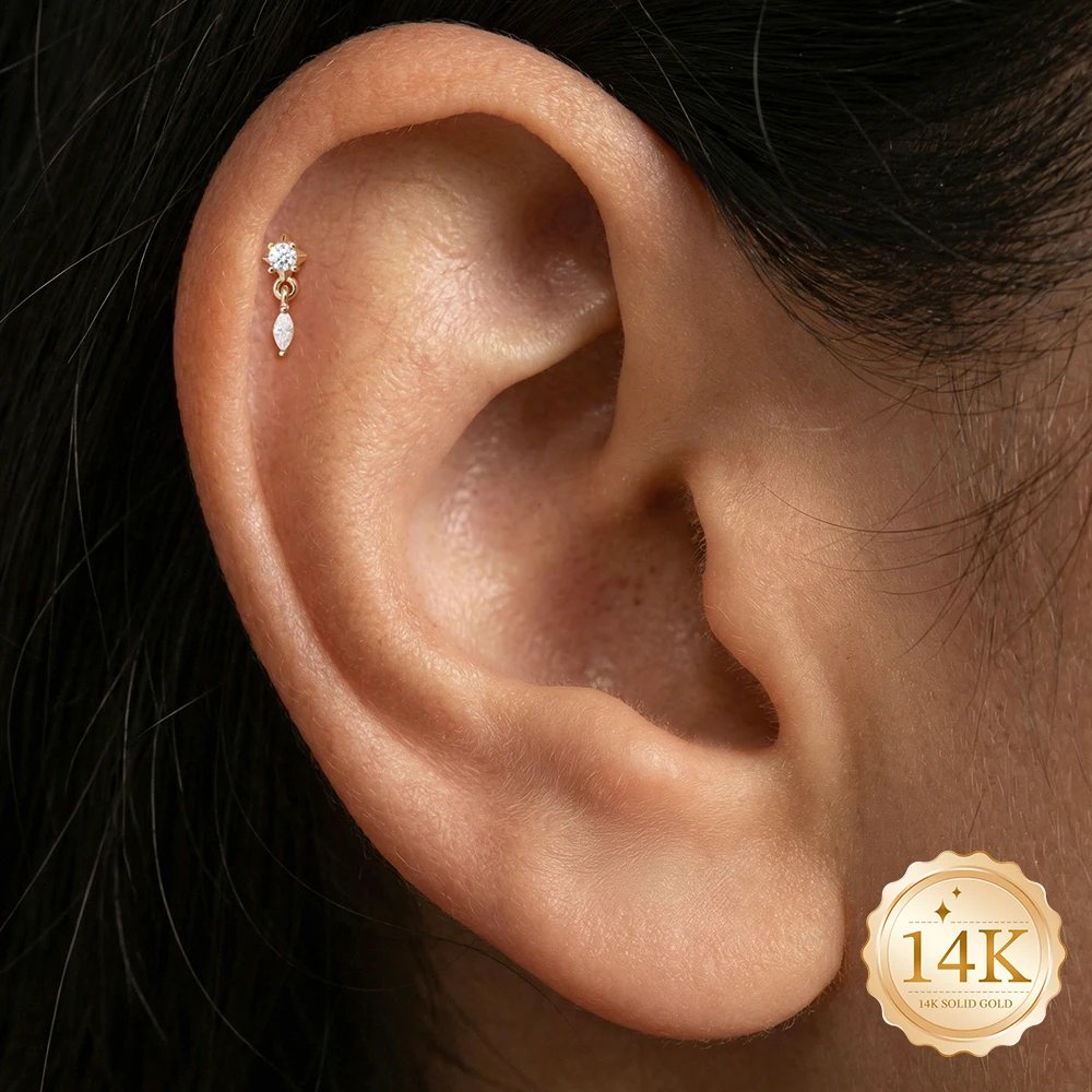 AIDE 14K Solid Gold Glossy Star/WaterDrop Pendant Piercing Earrings For Women Dainty Luxury Ear Bone Earring Anniversary Gifts