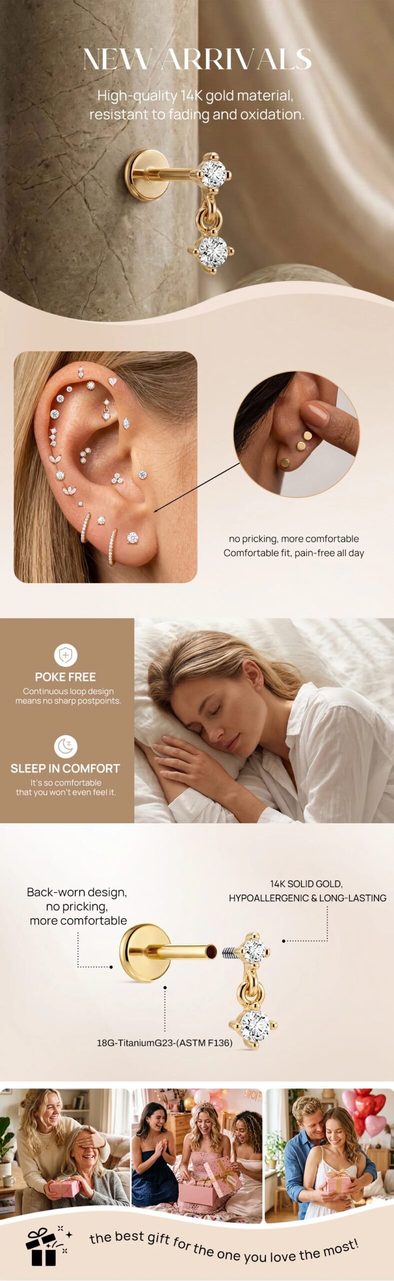 AIDE 14K Solid Gold Glossy Star/WaterDrop Pendant Piercing Earrings For Women Dainty Luxury Ear Bone Earring Anniversary Gifts