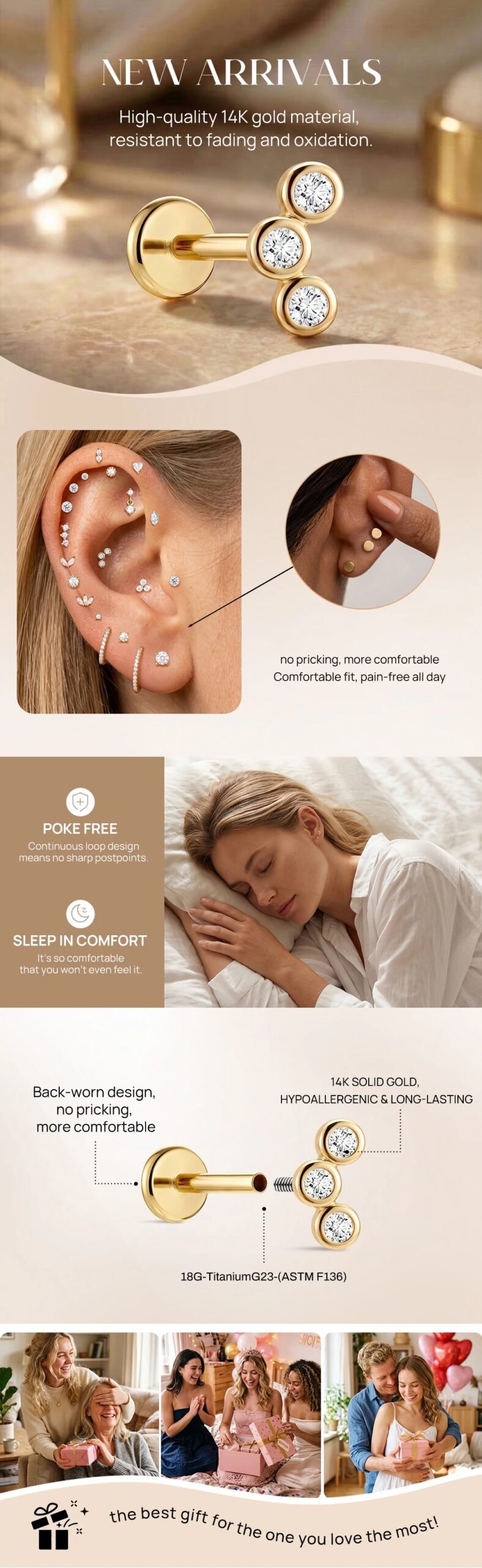 AIDE 14K Solid Gold Glossy Star/WaterDrop Pendant Piercing Earrings For Women Dainty Luxury Ear Bone Earring Anniversary Gifts