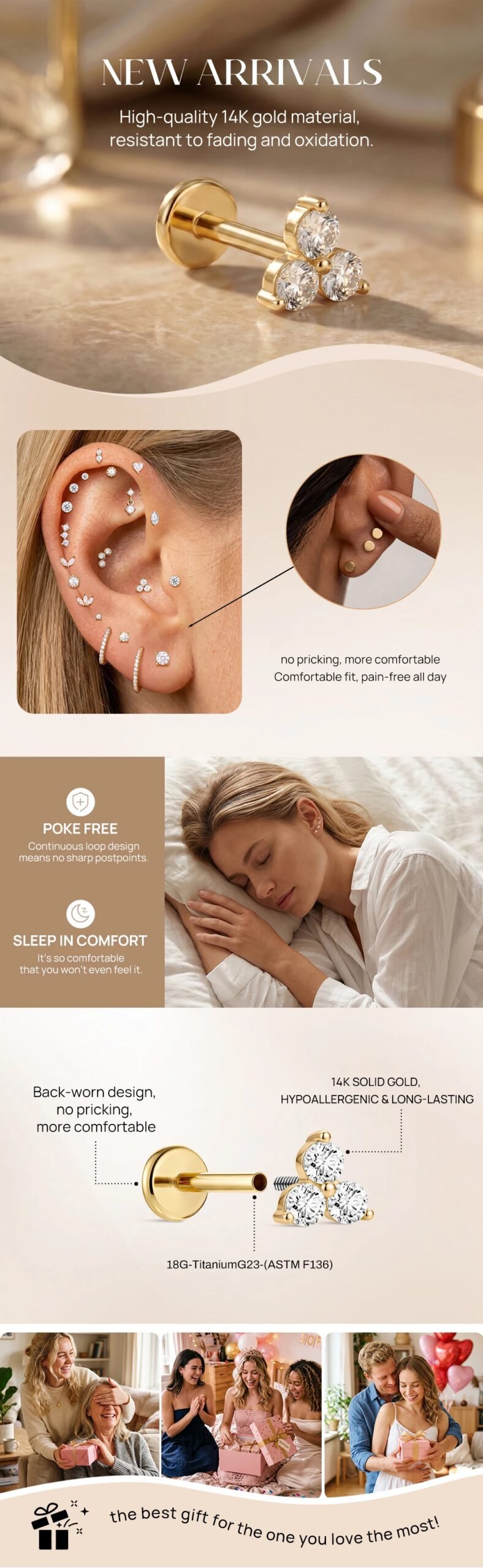 AIDE 14K Solid Gold Glossy Star/WaterDrop Pendant Piercing Earrings For Women Dainty Luxury Ear Bone Earring Anniversary Gifts