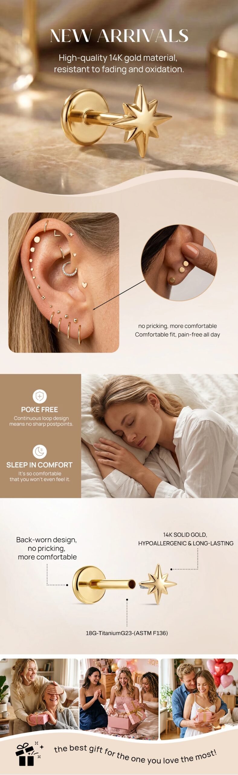 AIDE 14K Solid Gold Glossy Star/WaterDrop Pendant Piercing Earrings For Women Dainty Luxury Ear Bone Earring Anniversary Gifts