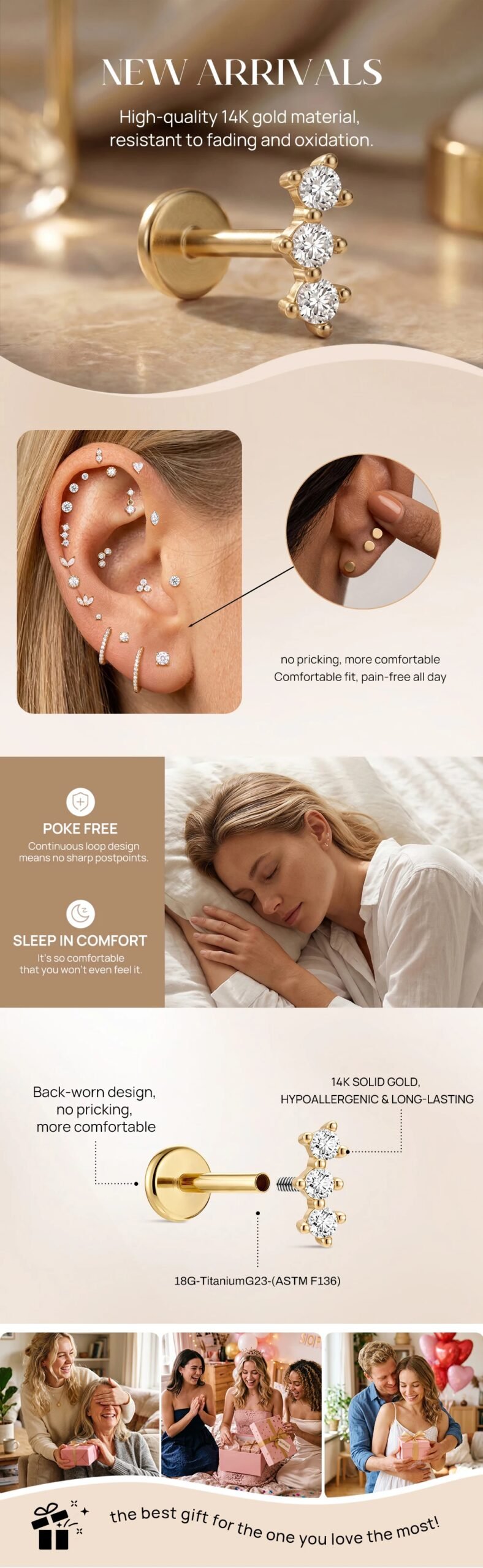 AIDE 14K Solid Gold Glossy Star/WaterDrop Pendant Piercing Earrings For Women Dainty Luxury Ear Bone Earring Anniversary Gifts