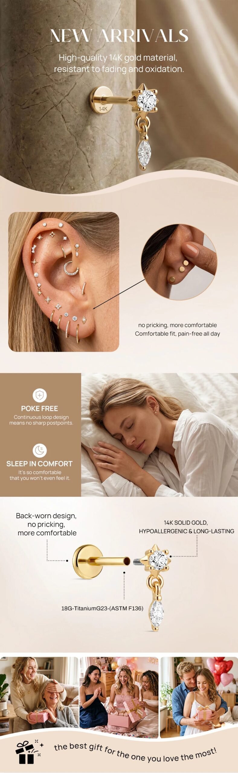 AIDE 14K Solid Gold Glossy Star/WaterDrop Pendant Piercing Earrings For Women Dainty Luxury Ear Bone Earring Anniversary Gifts