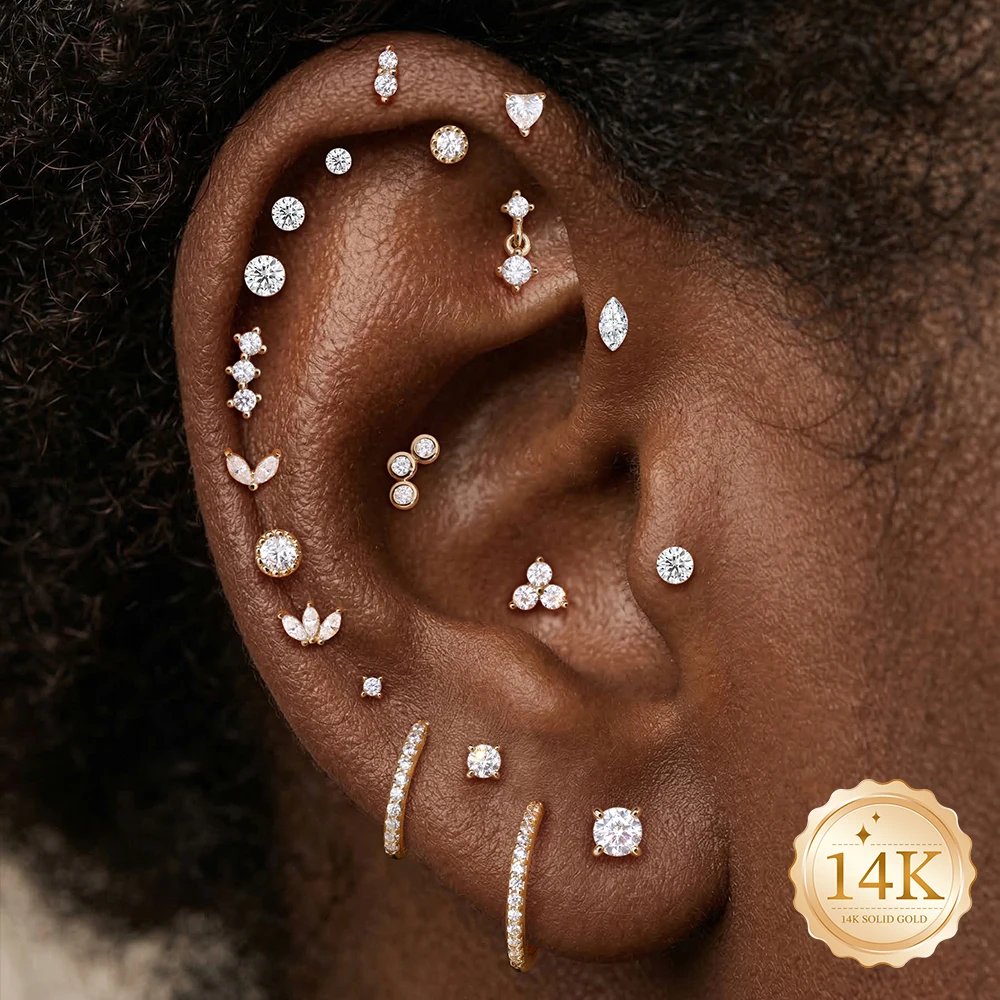 AIDE 14K Solid Gold Glossy Star/WaterDrop Pendant Piercing Earrings For Women Dainty Luxury Ear Bone Earring Anniversary Gifts
