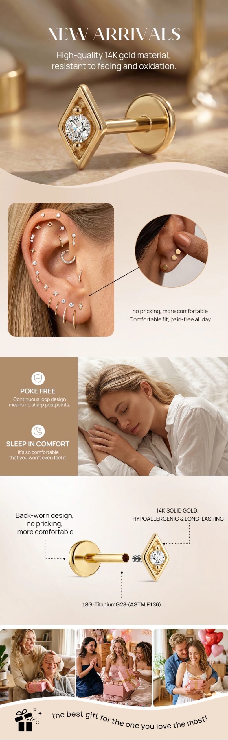 AIDE 14K Solid Gold Glossy Star/WaterDrop Pendant Piercing Earrings For Women Dainty Luxury Ear Bone Earring Anniversary Gifts