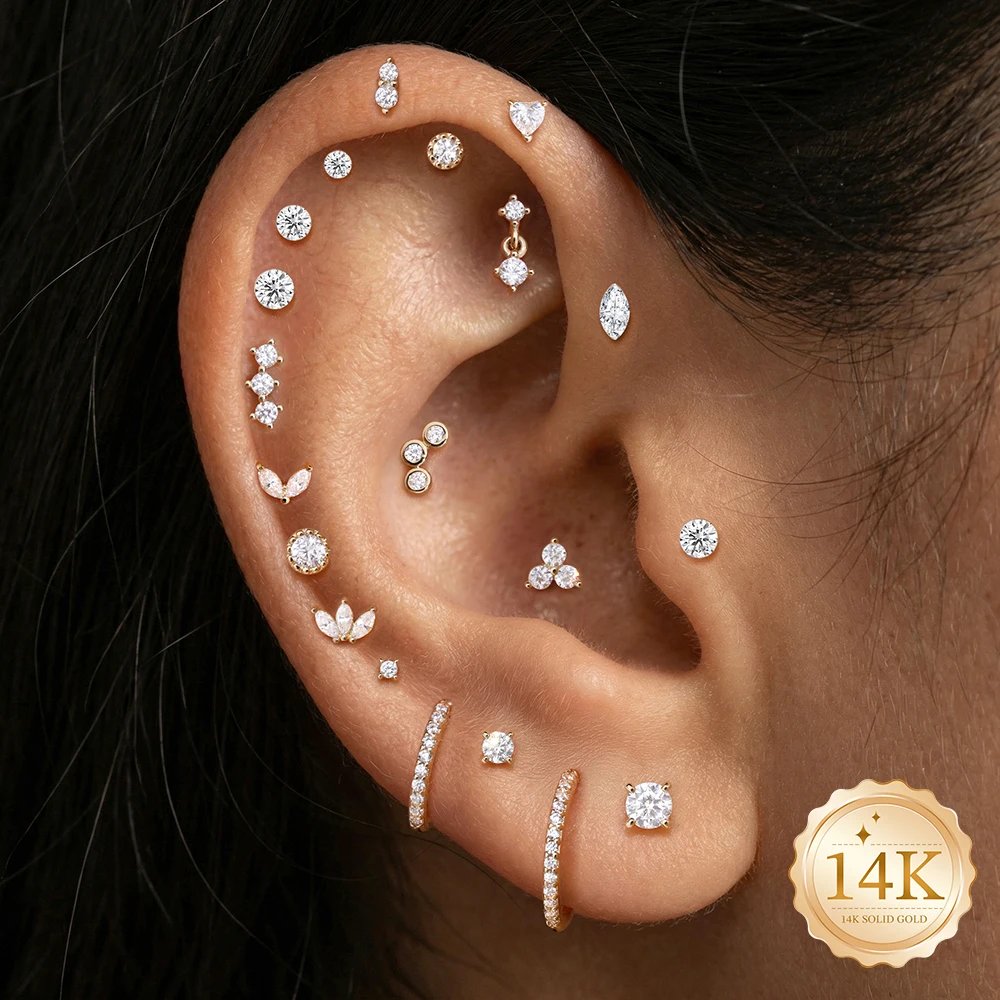AIDE 14K Solid Gold Glossy Star/WaterDrop Pendant Piercing Earrings For Women Dainty Luxury Ear Bone Earring Anniversary Gifts