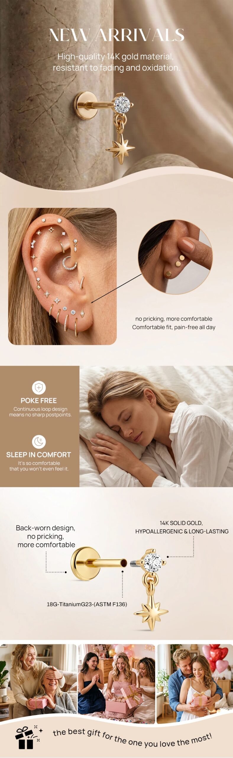 AIDE 14K Solid Gold Glossy Star/WaterDrop Pendant Piercing Earrings For Women Dainty Luxury Ear Bone Earring Anniversary Gifts