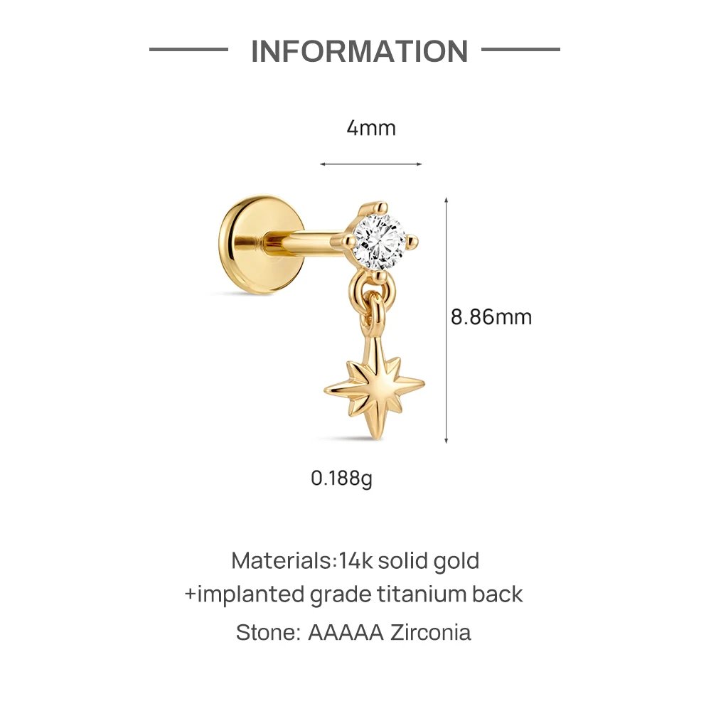 AIDE 14K Solid Gold Glossy Star/WaterDrop Pendant Piercing Earrings For Women Dainty Luxury Ear Bone Earring Anniversary Gifts