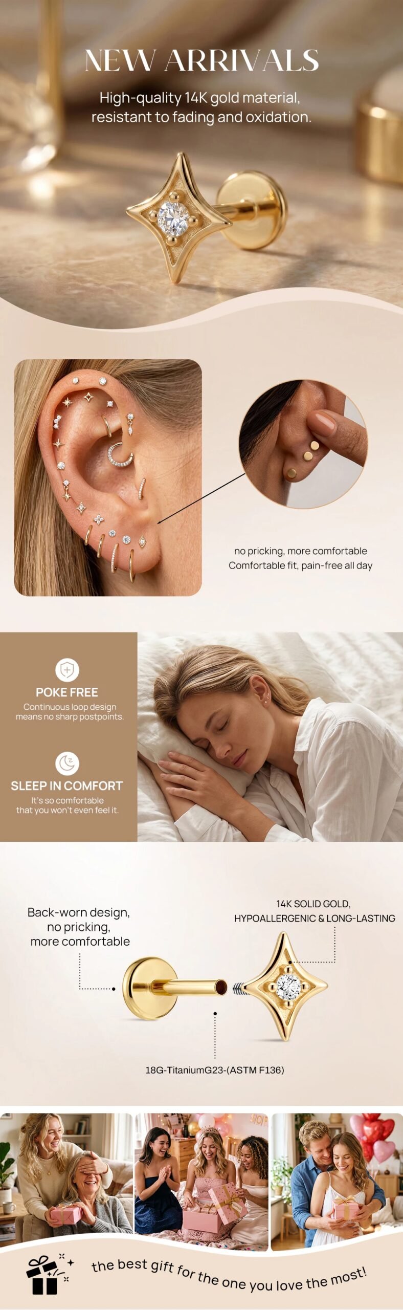 AIDE 14K Solid Gold Glossy Star/WaterDrop Pendant Piercing Earrings For Women Dainty Luxury Ear Bone Earring Anniversary Gifts