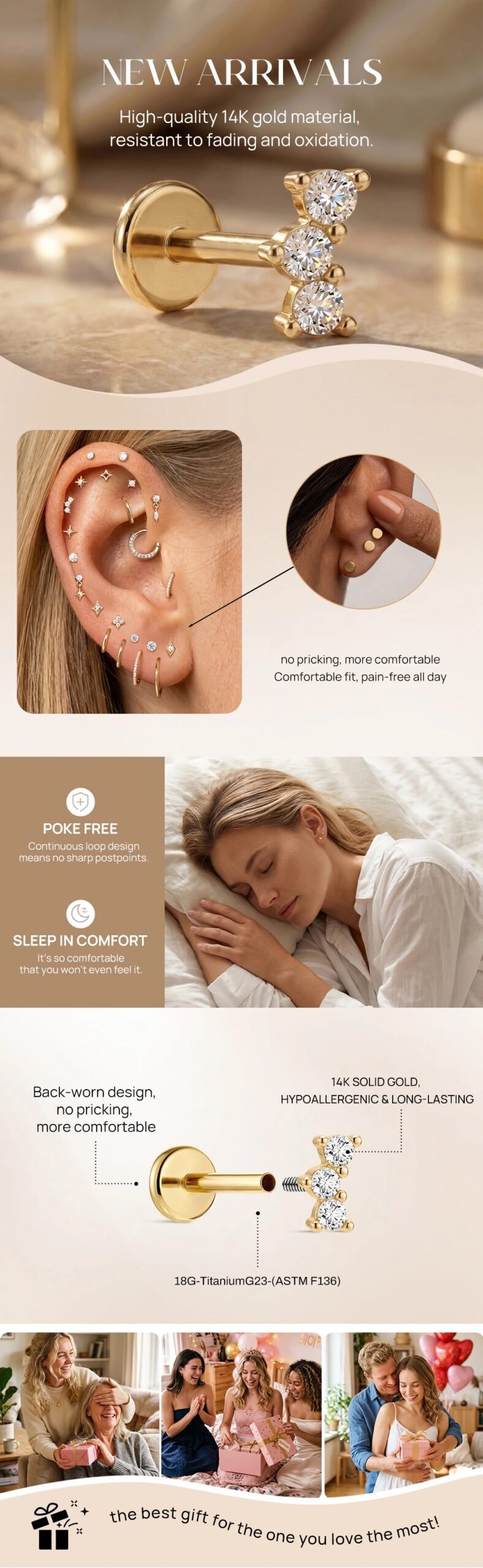 AIDE 14K Solid Gold Glossy Star/WaterDrop Pendant Piercing Earrings For Women Dainty Luxury Ear Bone Earring Anniversary Gifts