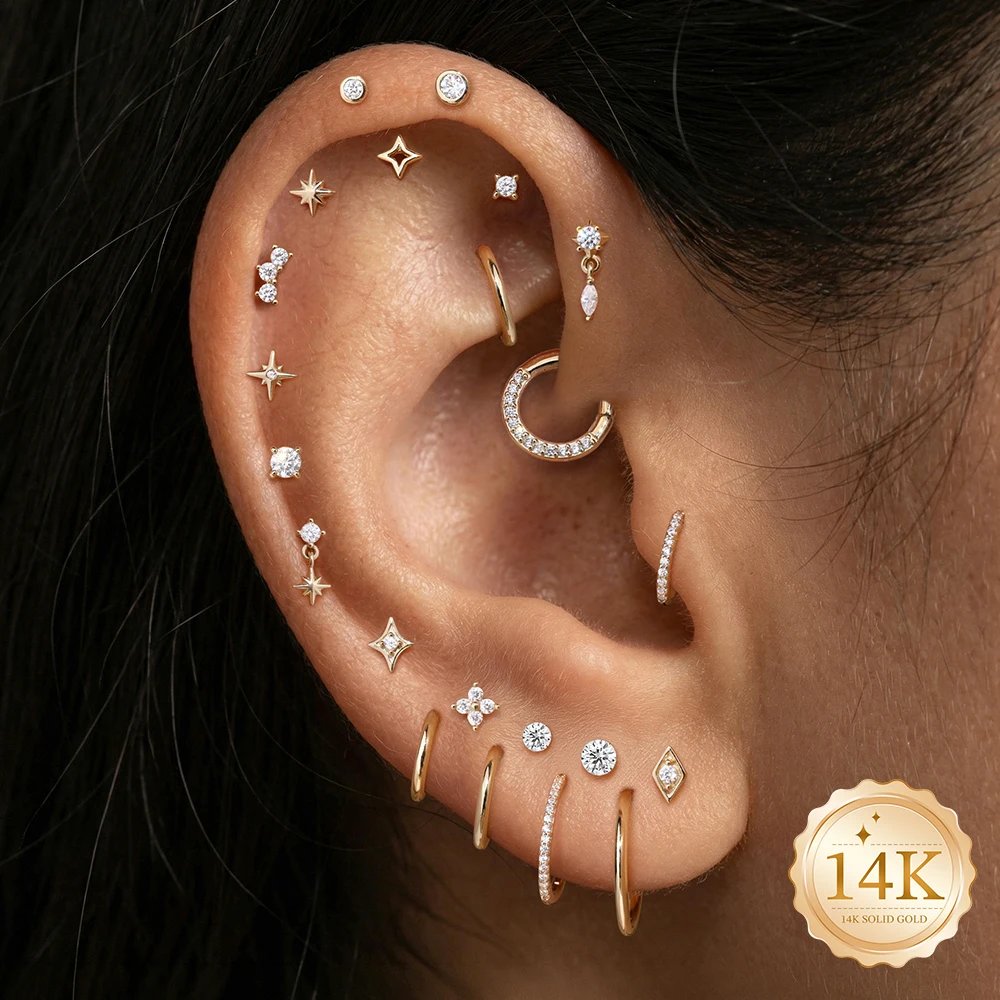 AIDE 14K Solid Gold Glossy Star/WaterDrop Pendant Piercing Earrings For Women Dainty Luxury Ear Bone Earring Anniversary Gifts