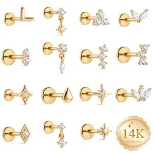 Pure 14K Solid Gold Glossy Star/WaterDrop Pendant Piercing Earrings For Women Dainty Luxury Ear Bone Earring Anniversary Gifts