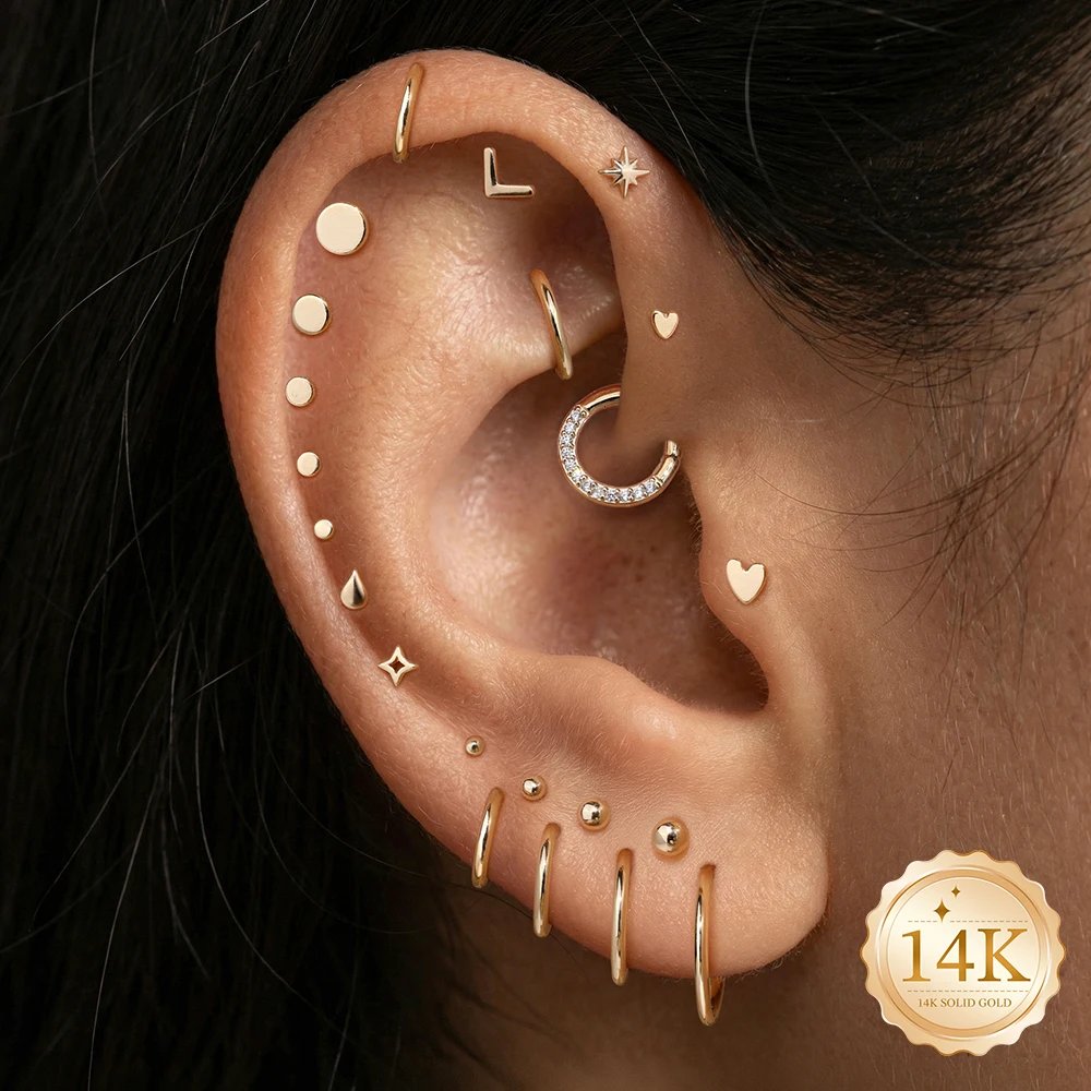 AIDE 14K Solid Gold Glossy Star/WaterDrop Pendant Piercing Earrings For Women Dainty Luxury Ear Bone Earring Anniversary Gifts