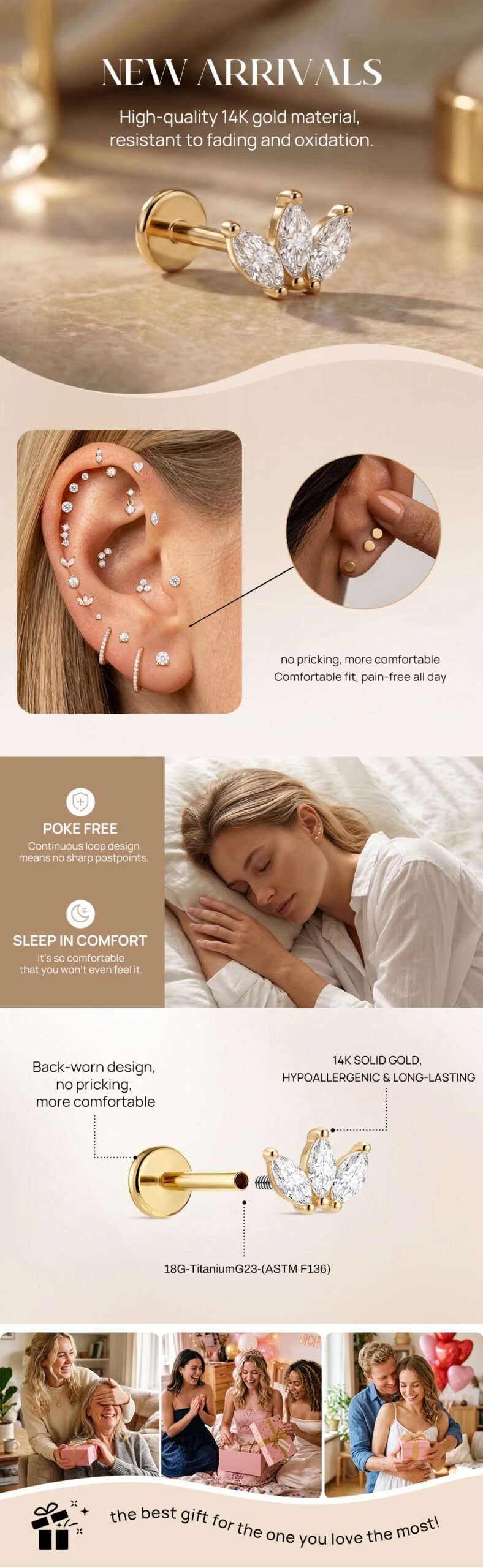 AIDE 14K Solid Gold Glossy Star/WaterDrop Pendant Piercing Earrings For Women Dainty Luxury Ear Bone Earring Anniversary Gifts