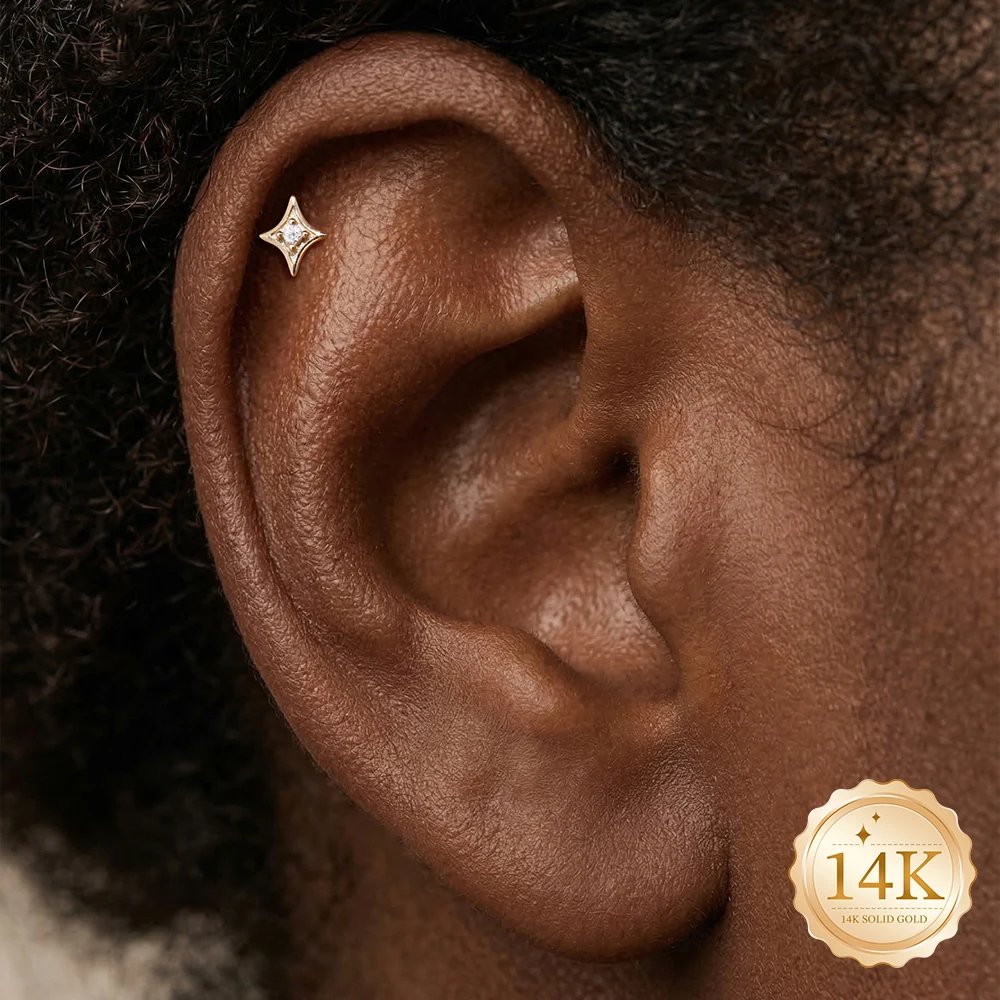 AIDE 14K Solid Gold Glossy Star/WaterDrop Pendant Piercing Earrings For Women Dainty Luxury Ear Bone Earring Anniversary Gifts
