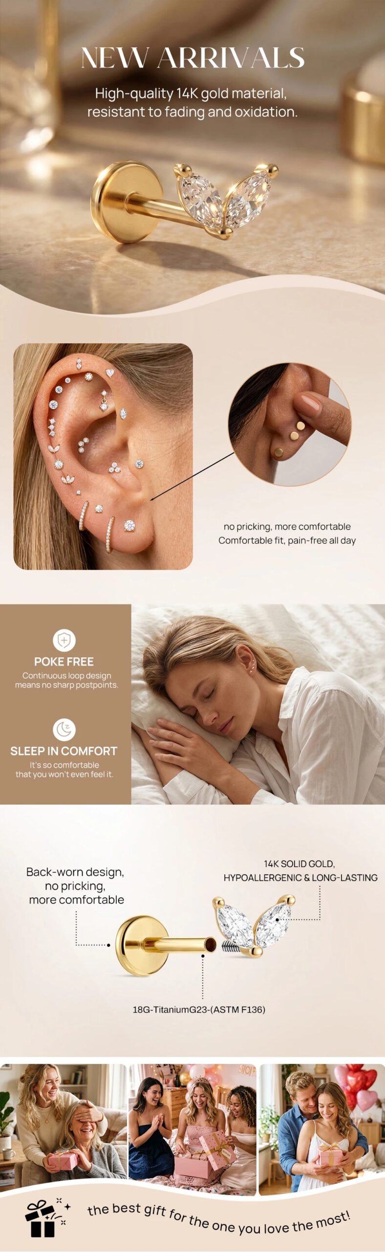 AIDE 14K Solid Gold Glossy Star/WaterDrop Pendant Piercing Earrings For Women Dainty Luxury Ear Bone Earring Anniversary Gifts