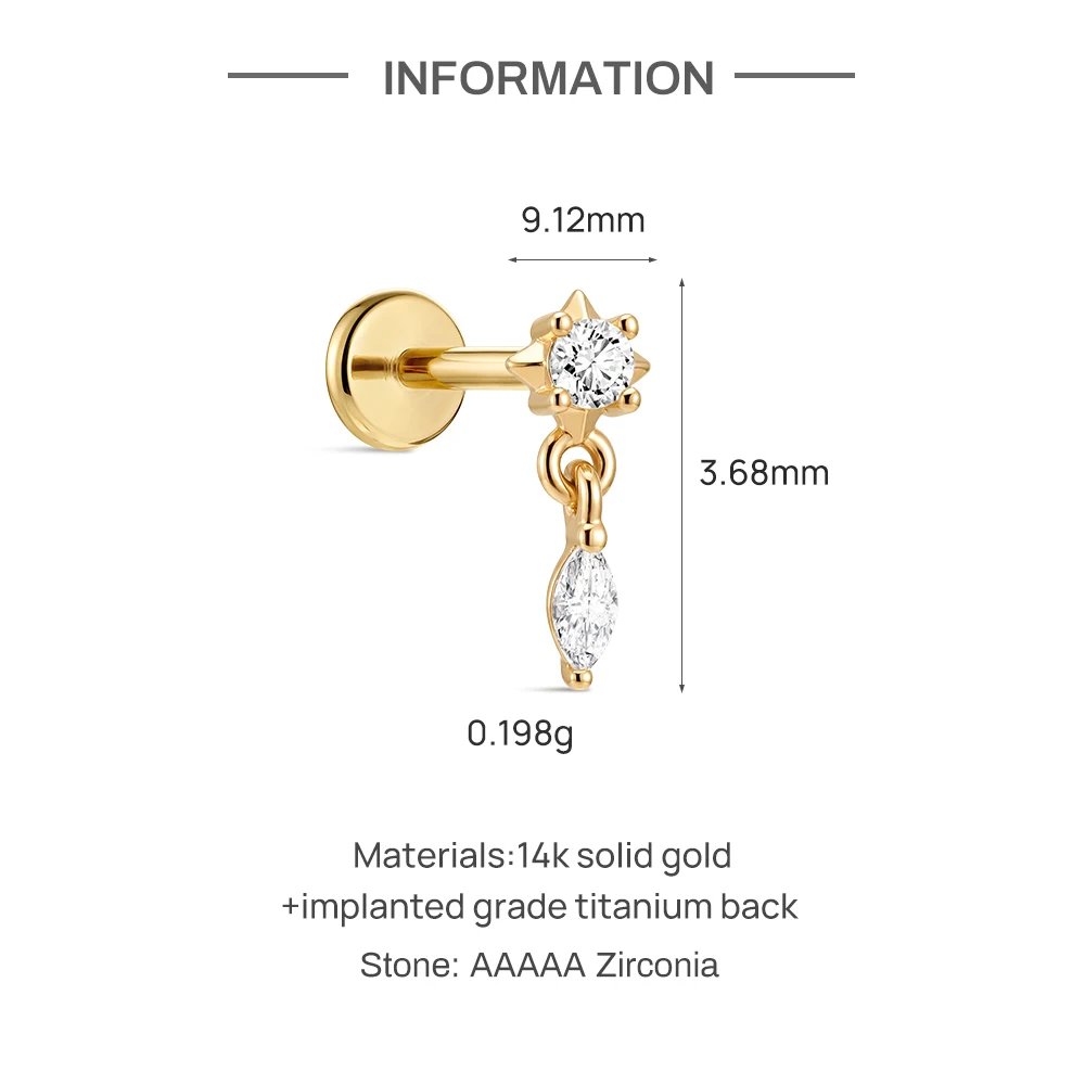 AIDE 14K Solid Gold Glossy Star/WaterDrop Pendant Piercing Earrings For Women Dainty Luxury Ear Bone Earring Anniversary Gifts